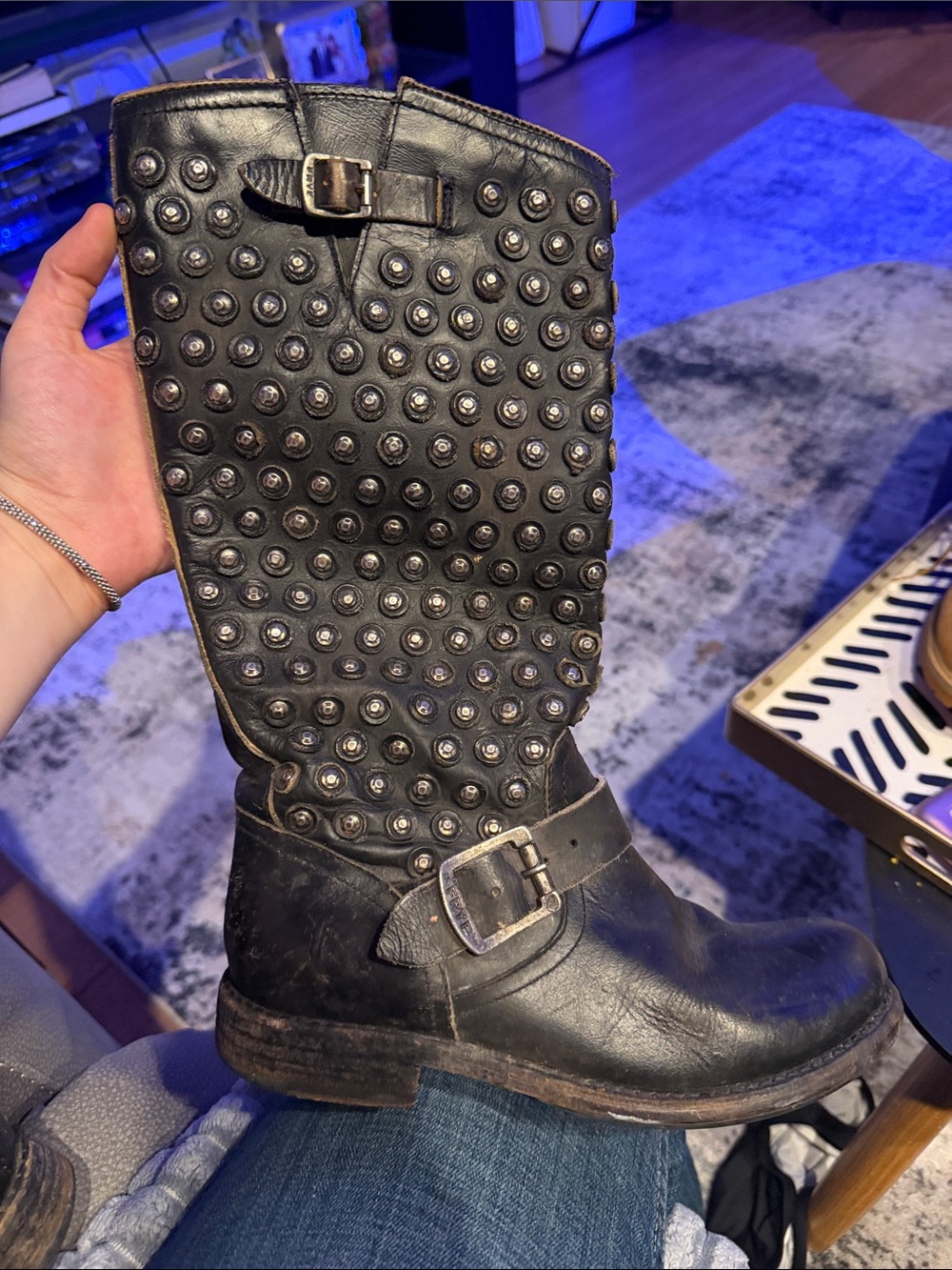 Frye Black Studded Leather Combat Boots